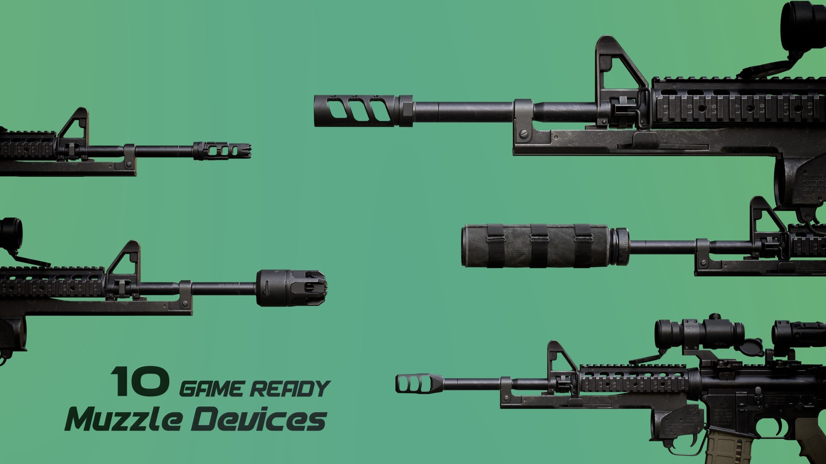 10 Muzzle Devices - Muzzle brake Flash Hider Silencer Low-poly 3D model_1