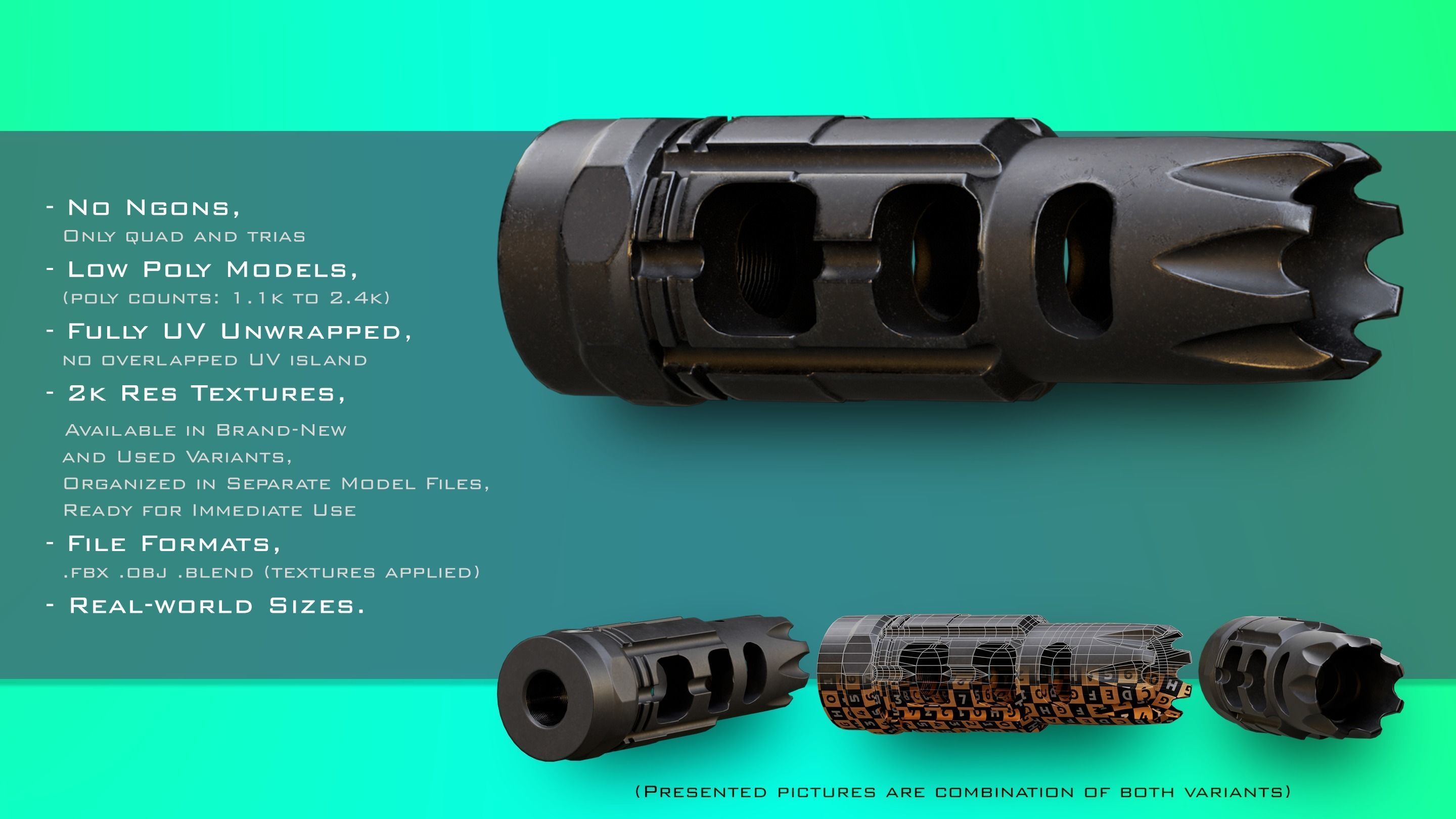 10 Muzzle Devices - Muzzle brake Flash Hider Silencer Low-poly 3D model_4