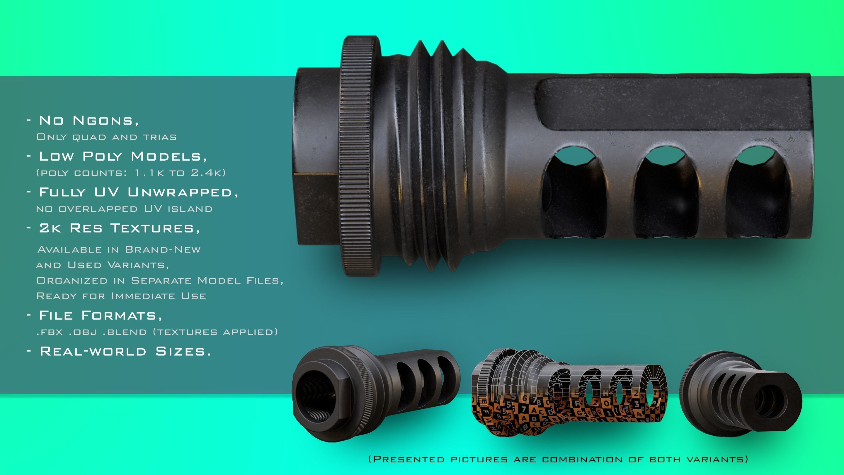 3D model 10 Muzzle Devices Muzzle brake Flash Hider Silencer VR / AR