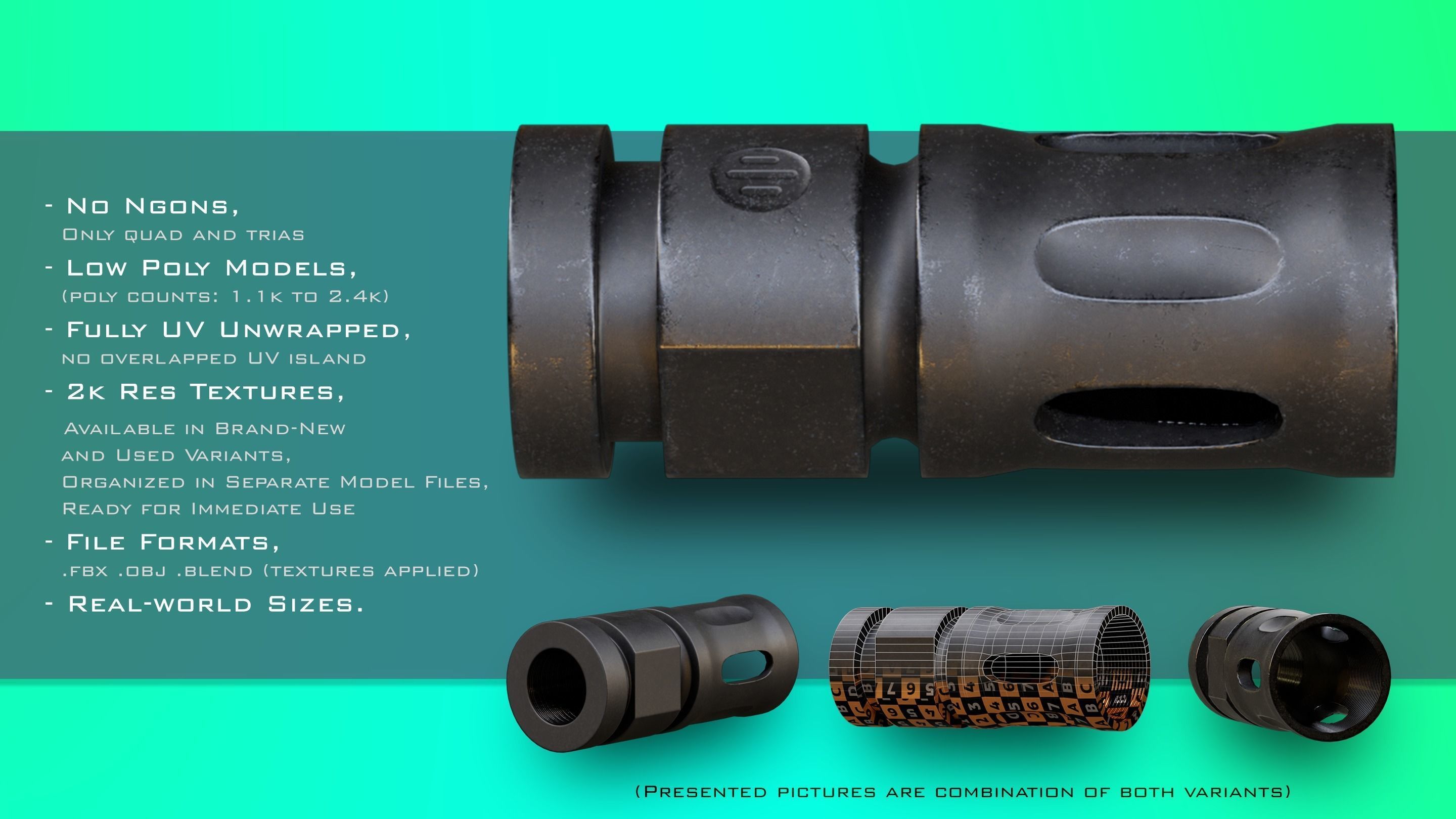 10 Muzzle Devices - Muzzle brake Flash Hider Silencer Low-poly 3D model_6