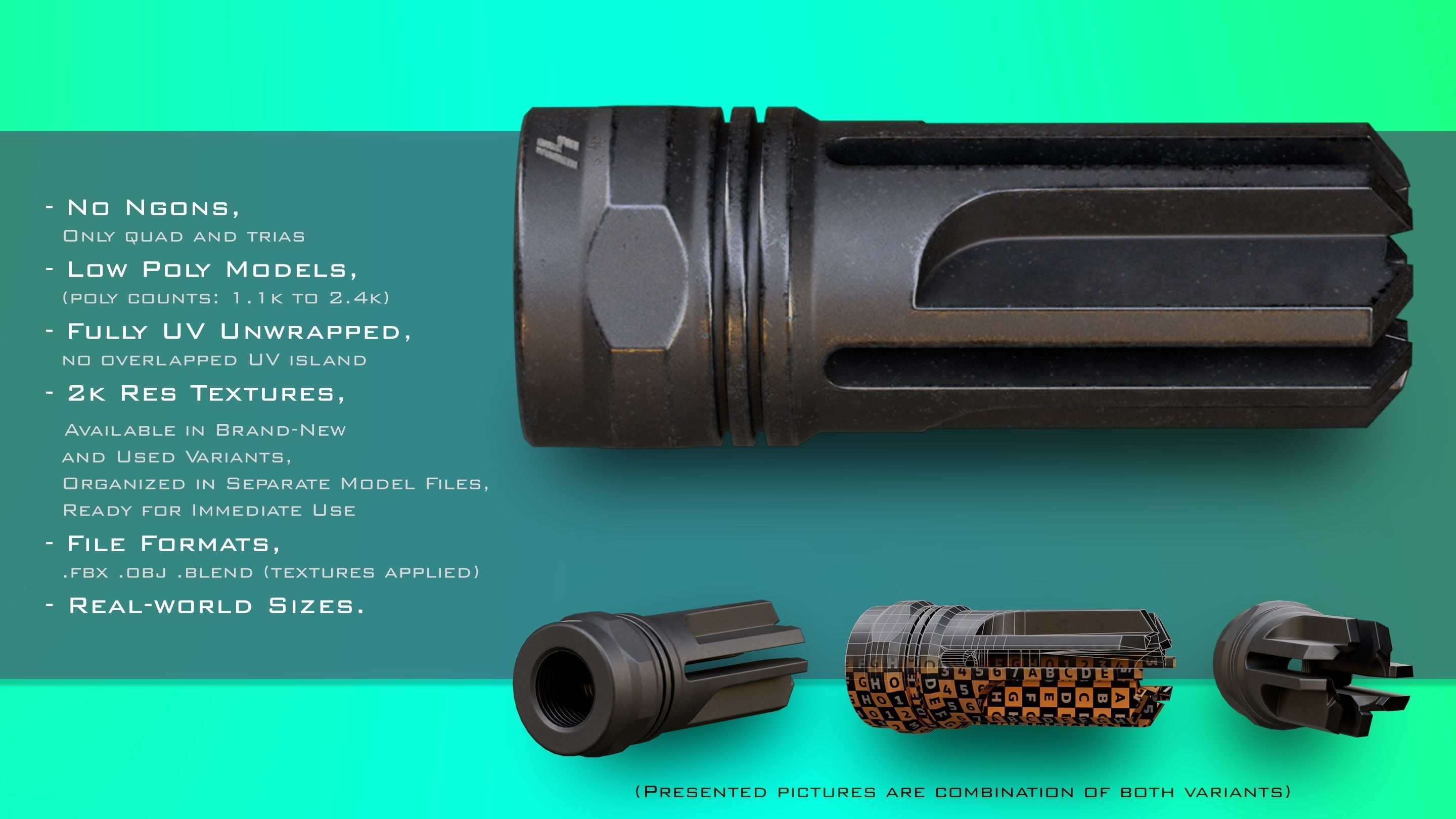 10 Muzzle Devices - Muzzle brake Flash Hider Silencer Low-poly 3D model_9
