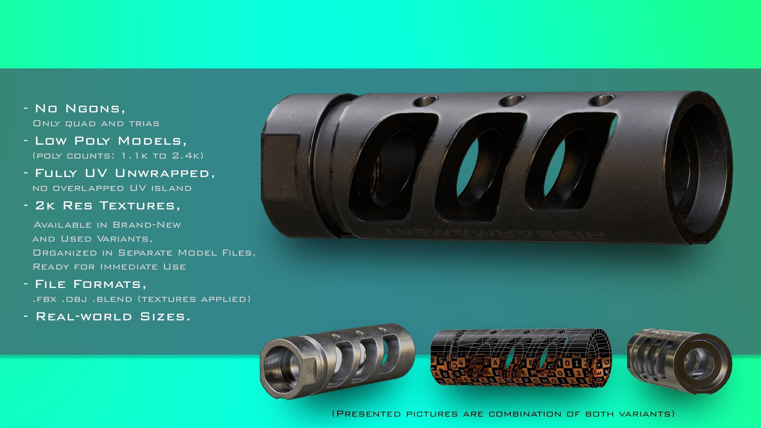 10 Muzzle Devices - Muzzle brake Flash Hider Silencer Low-poly 3D model_7