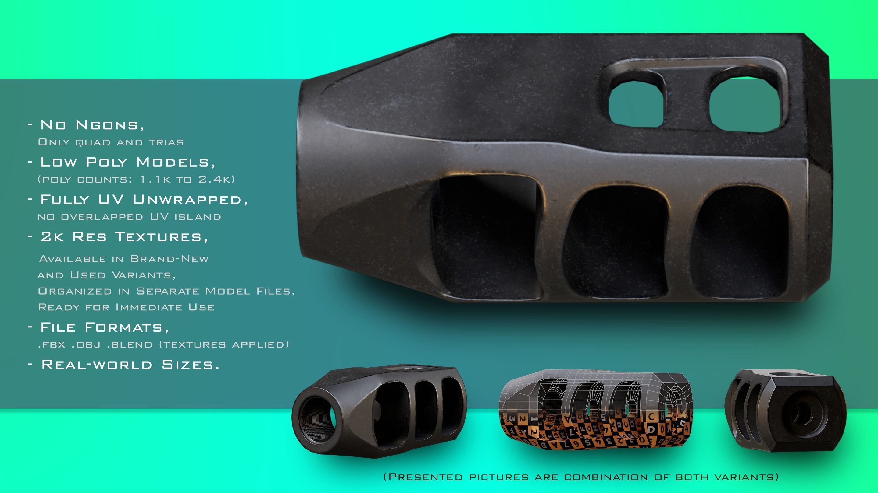 10 Muzzle Devices - Muzzle brake Flash Hider Silencer Low-poly 3D model_10