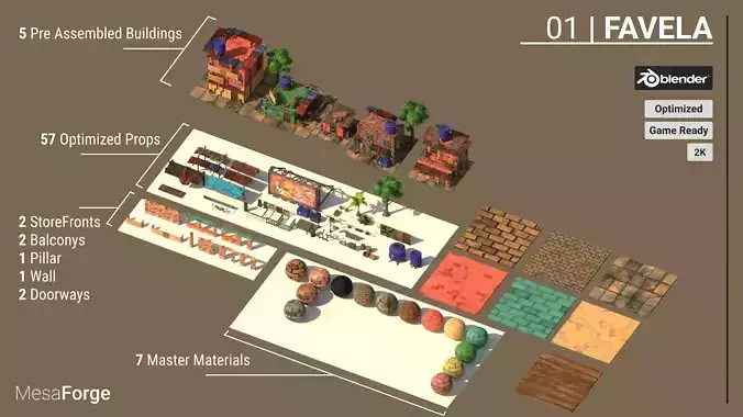 Stylized Favela Kit Low-poly 3D model