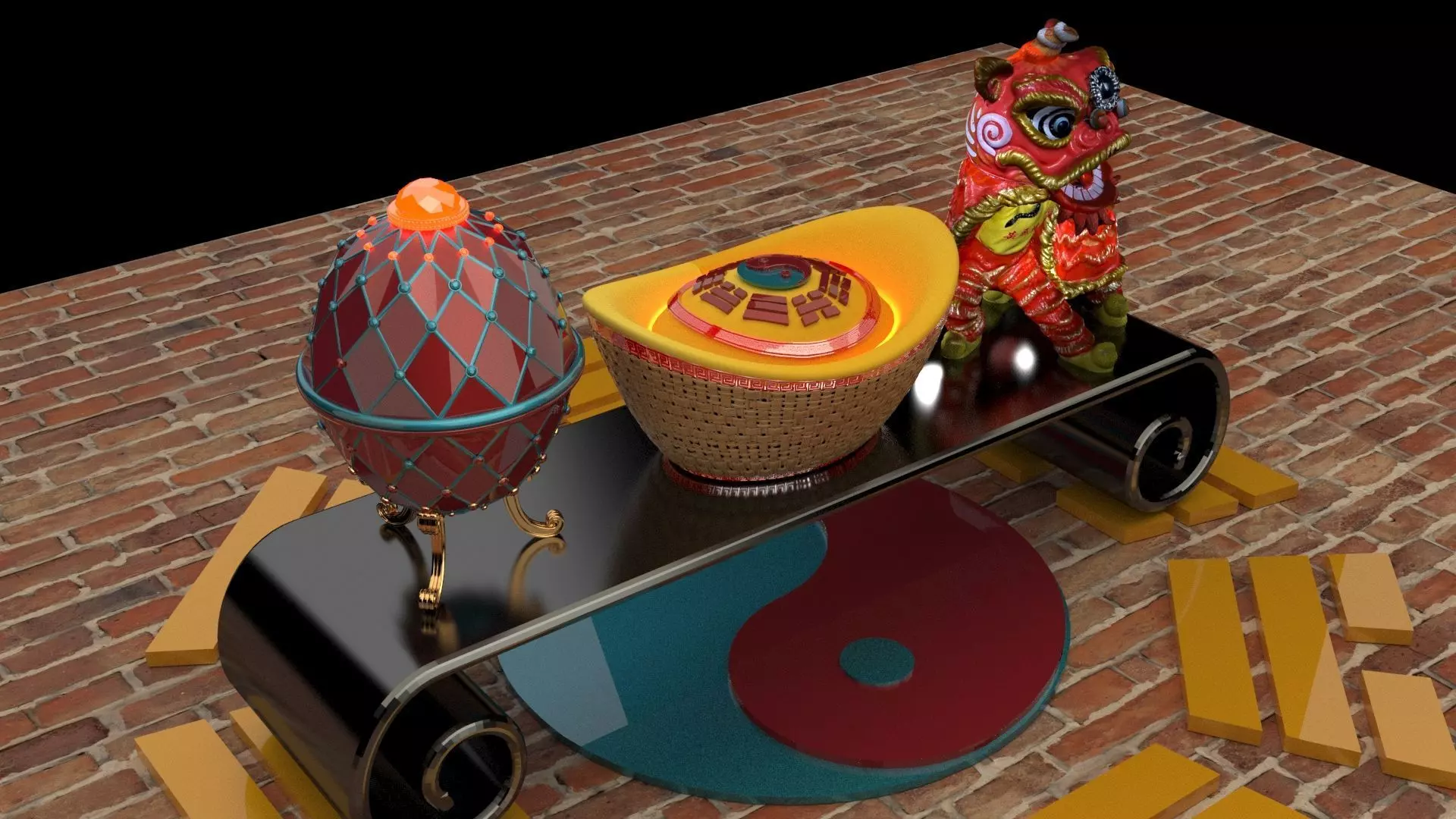 Chinese lion dance figure with yuanbao 3D model