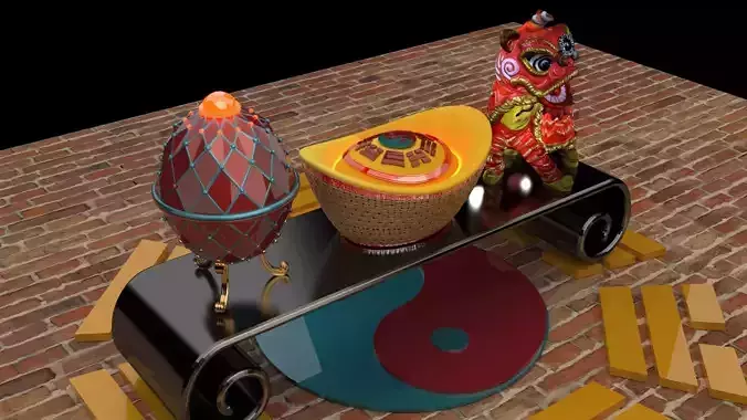 Chinese lion dance figure with yuanbao