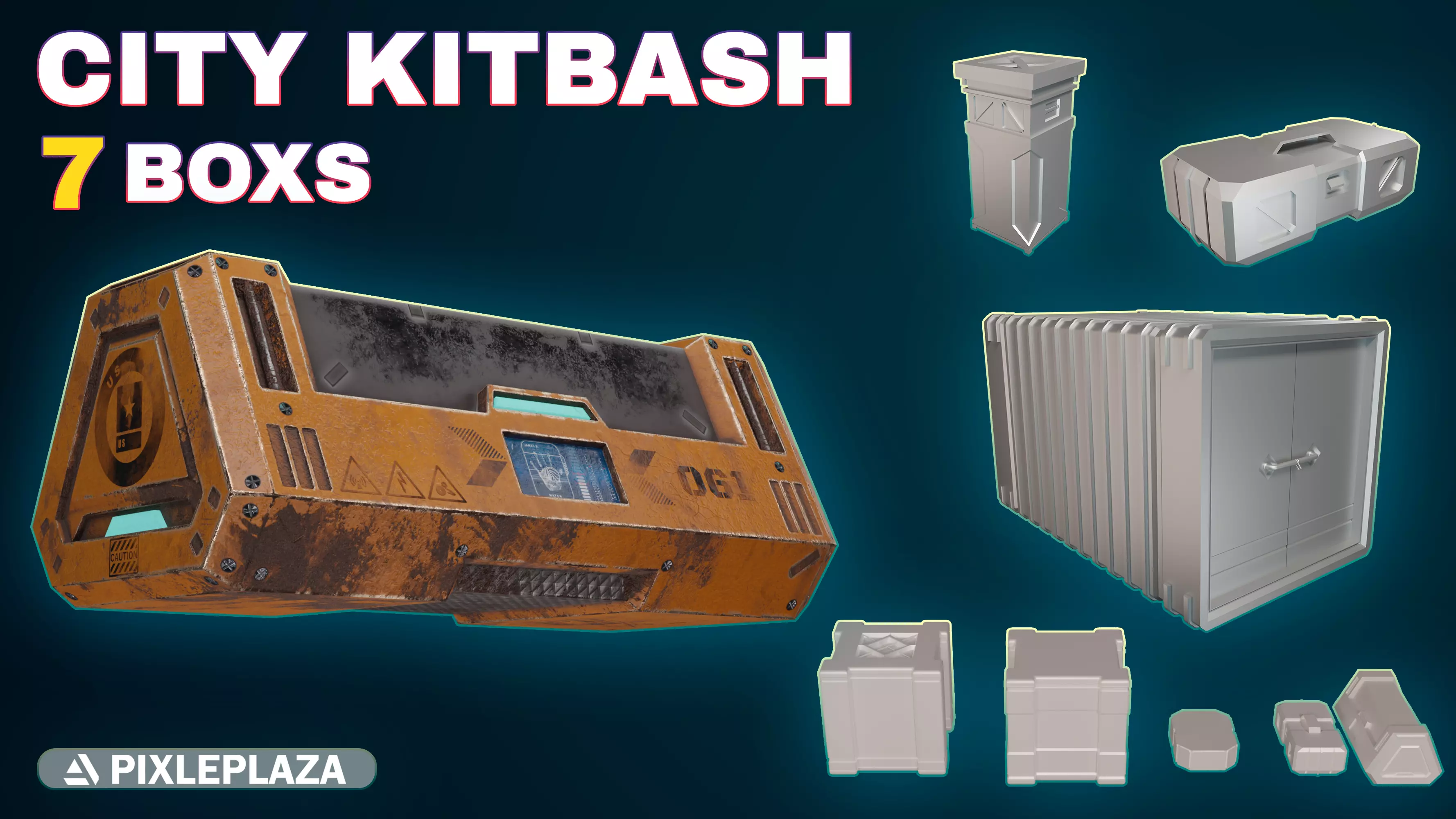 7 sci-fi boxes Low-poly 3D model_0