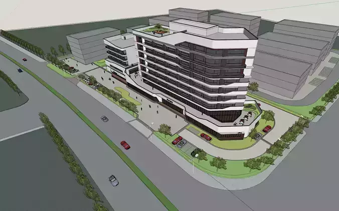 SU model of a modern-style streamlined office hotel building 3D model