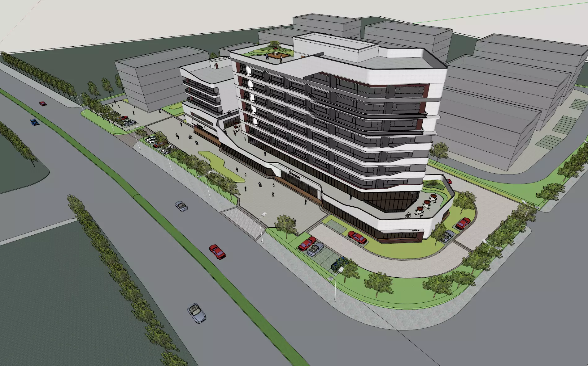 SU model of a modern-style streamlined office hotel building 3D model_0