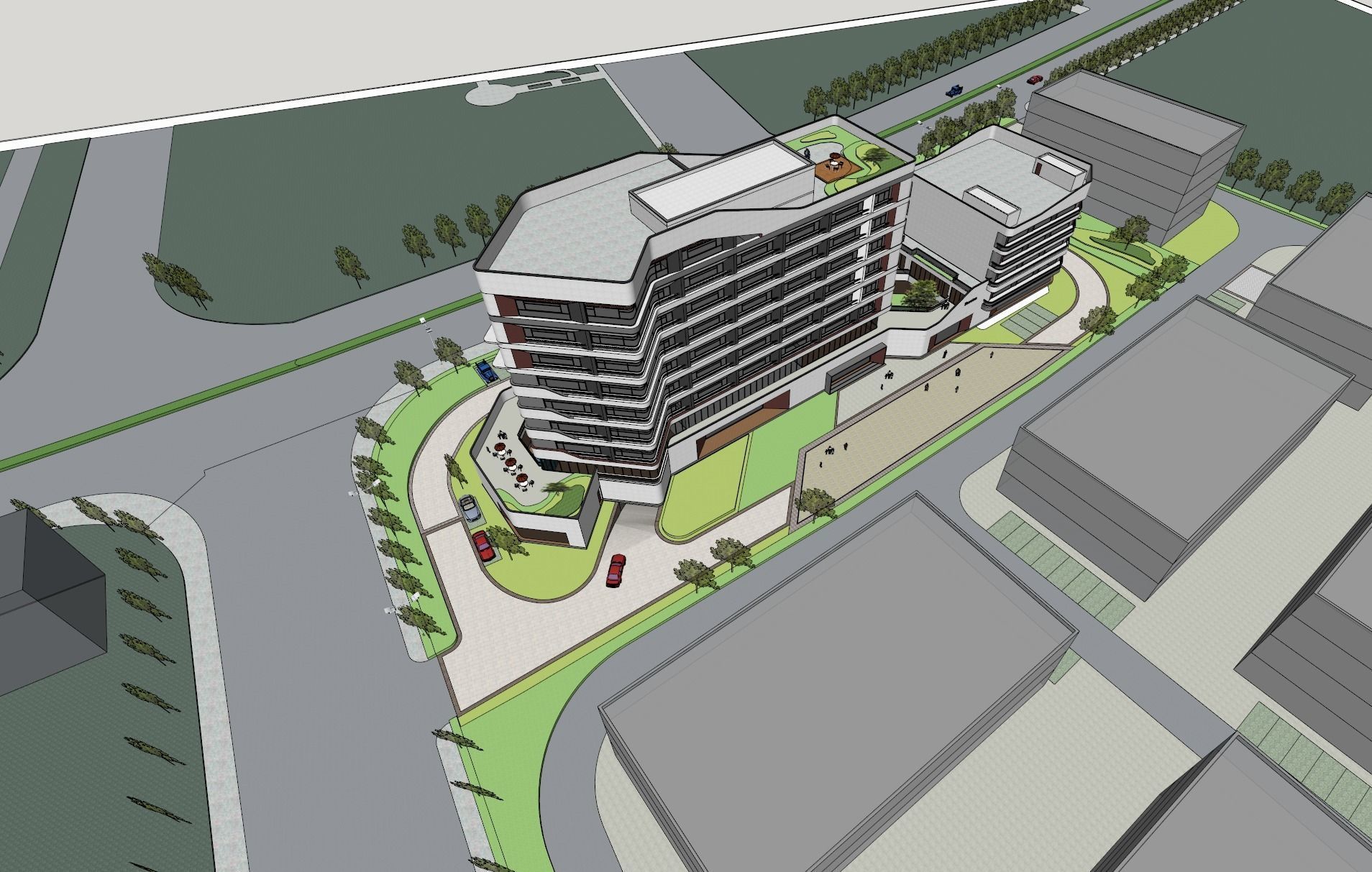 SU model of a modern-style streamlined office hotel building 3D model_3