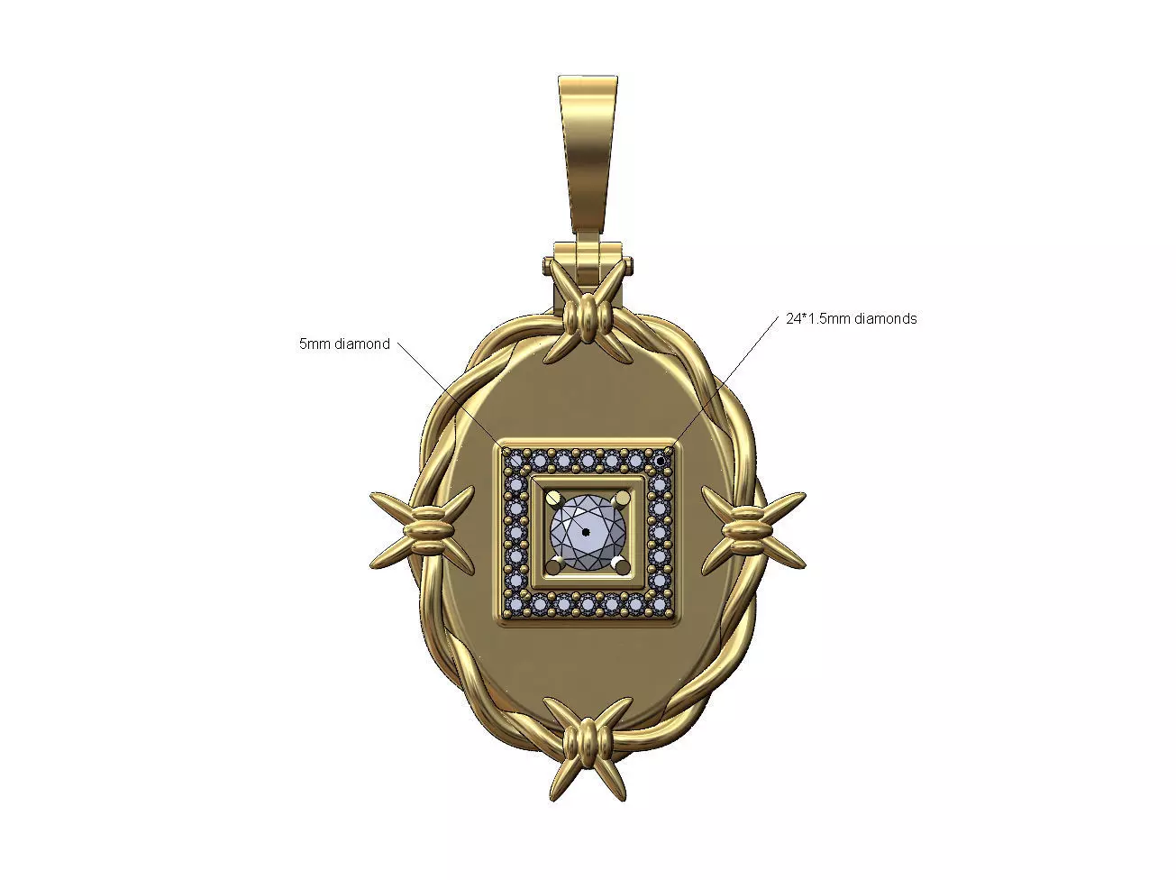 Oval square diamond cluster thornes barbwire pendant with bail 3D print model