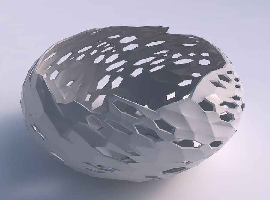 Bowl spheric squeezed wide with twisted crystal skin with holes 3D print model_0