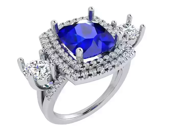 Cushion Cut Double Halo 3 Stone Ring 3657