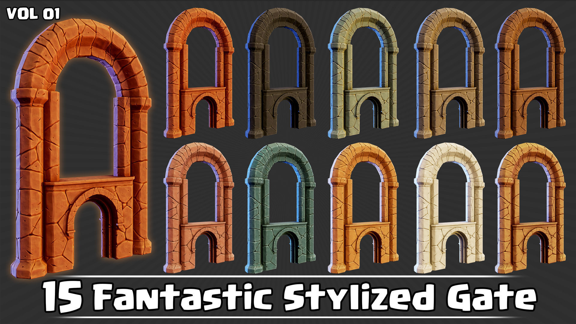 15 Fantastic Stylized Gates VOL01 Low-poly 3D model_1