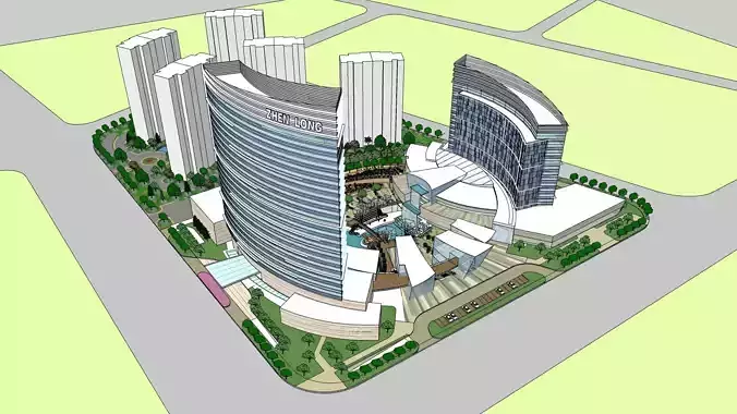 SU model of Oasis planned office building and sunken plaza