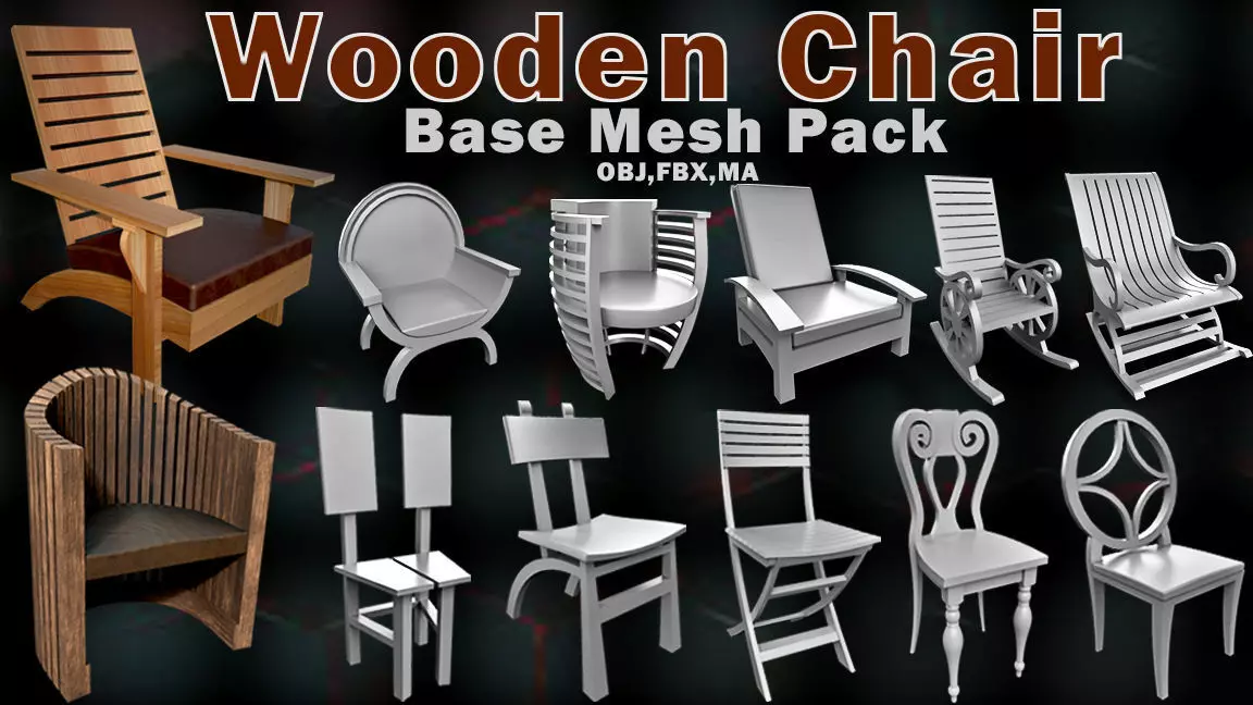 38 Wooden Chair Base Mesh Pack Low-poly 3D model_0