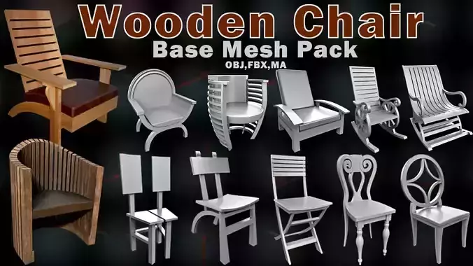 38 Wooden Chair Base Mesh Pack Low-poly 3D model