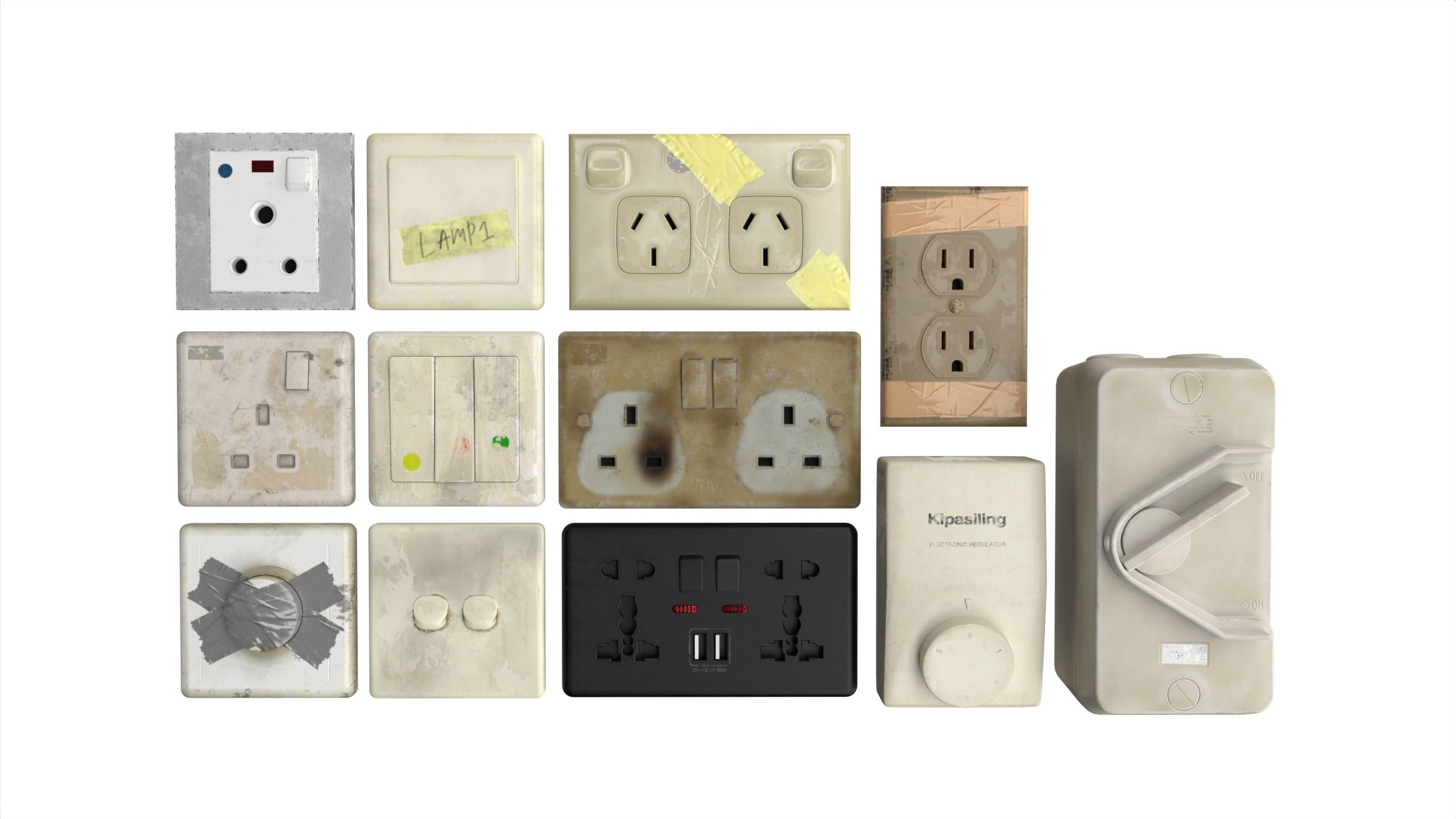 Electrical wall socket and switches Low-poly 3D model_3