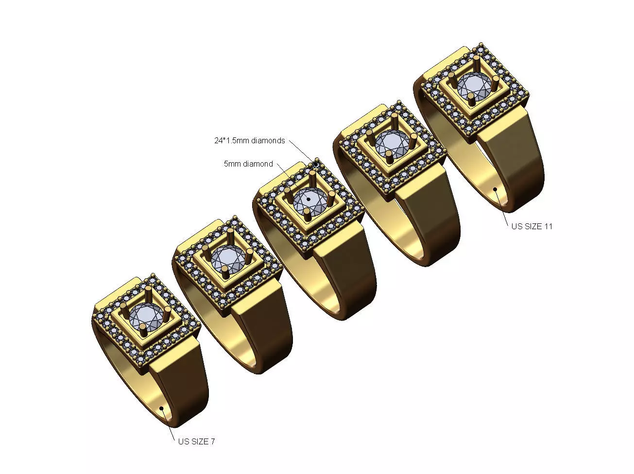 Square diamond cluster ring US sizes 7to11 3D print model_0
