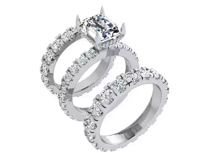 Emerald Diamond Ring With Two Bands 3751