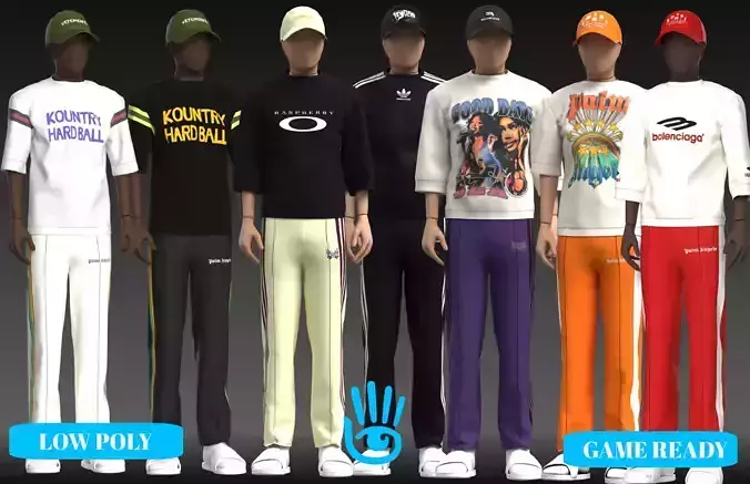 7 Streetwear outfits in low poly games ready all rigged  Low-poly 3D model