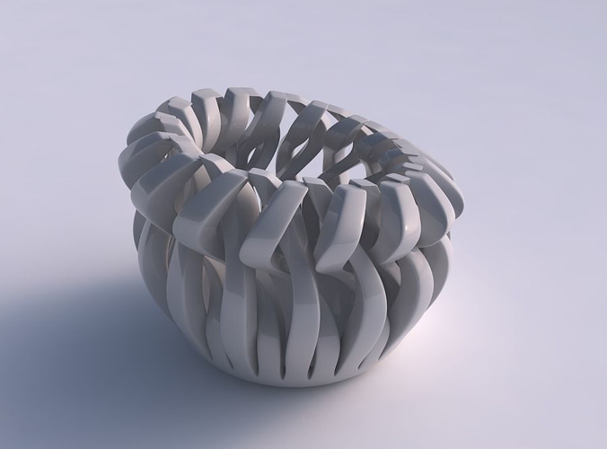 Bowl cylindrical with twisted sharp muscle structures squeezed with streched top corner