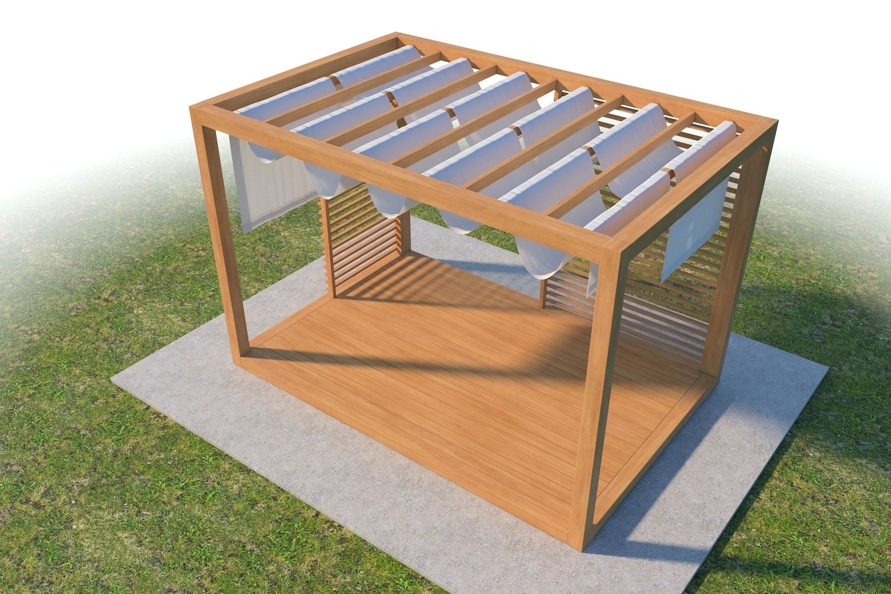 Pergola With Patio Cover And Curtains 3D model_2