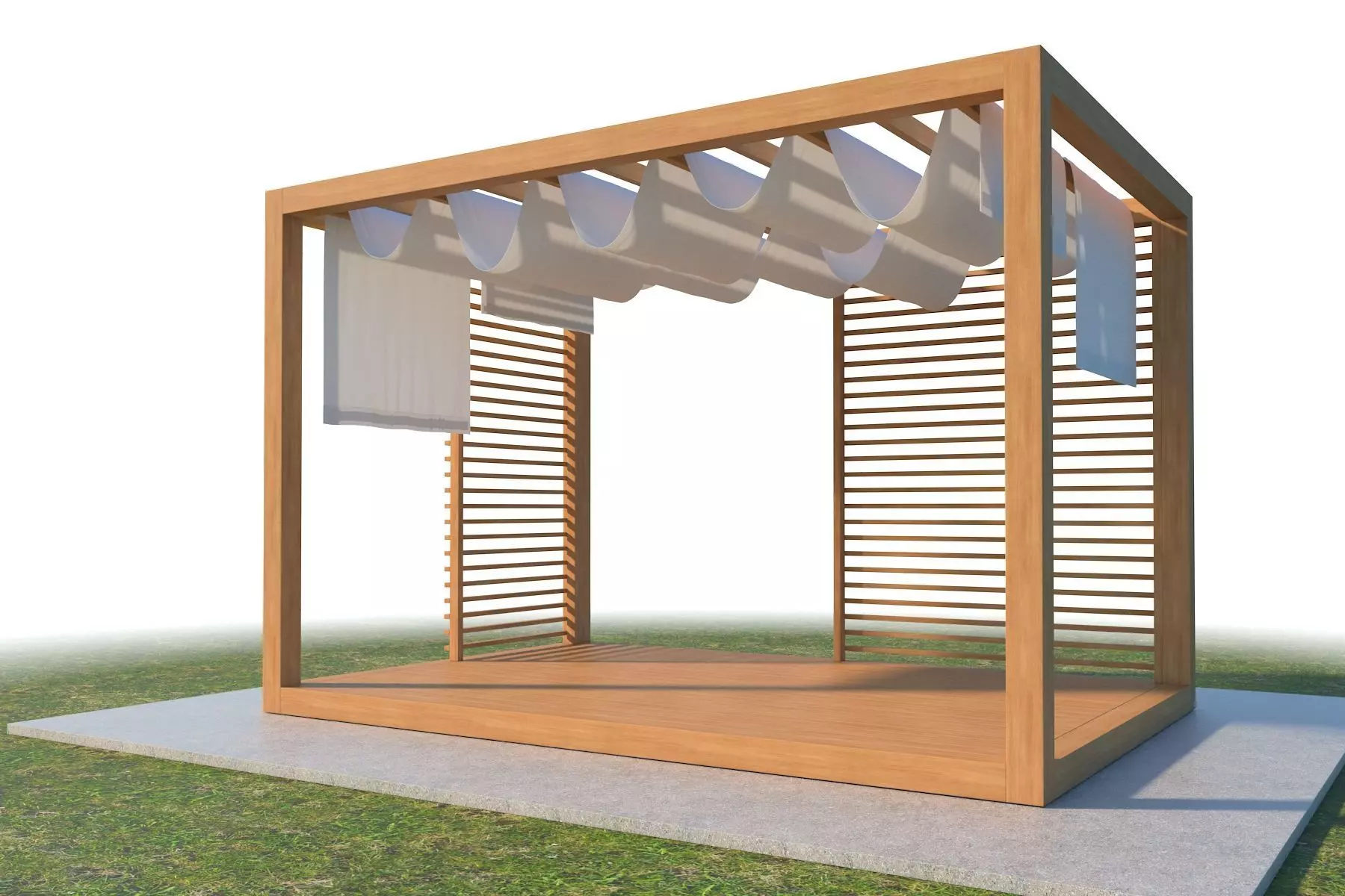 Pergola With Patio Cover And Curtains 3D model_0