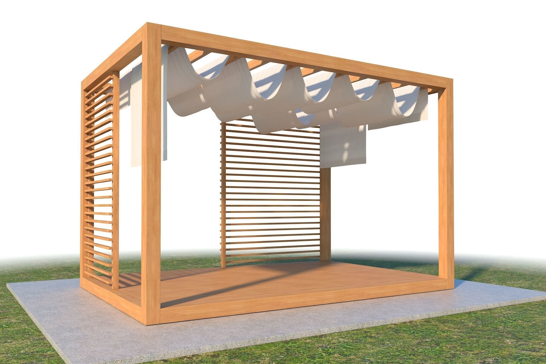 Pergola With Patio Cover And Curtains 3D model_1