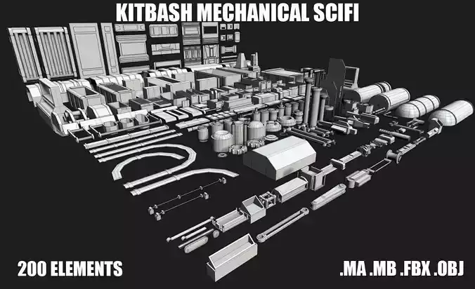Kitbash Mechanical SciFi - 200 Element Low-poly 3D model