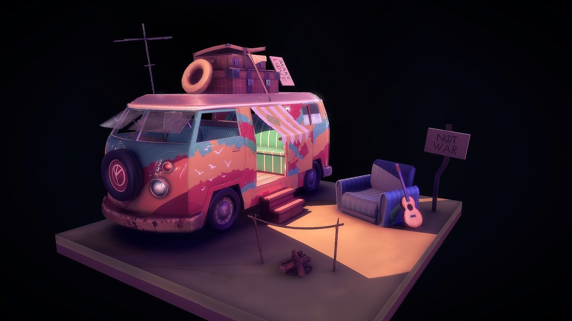 Peace Van Low-poly 3D model_2