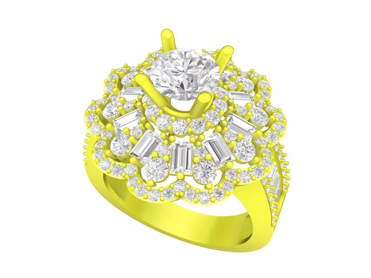 A7216 Straight Baguette Diamond Flower Engagement Ring 3D Model 3D print model_0