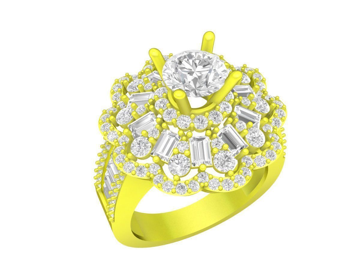 A7216 Straight Baguette Diamond Flower Engagement Ring 3D Model 3D print model_1