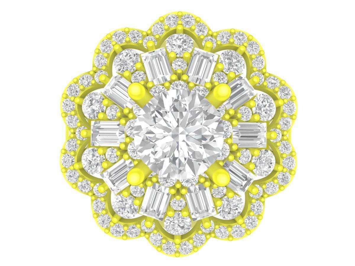 A7216 Straight Baguette Diamond Flower Engagement Ring 3D Model 3D print model_2