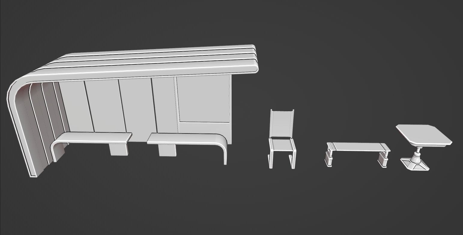7 Bus Stop collection 3d models - Bus Stations table and chair Low-poly 3D model_12