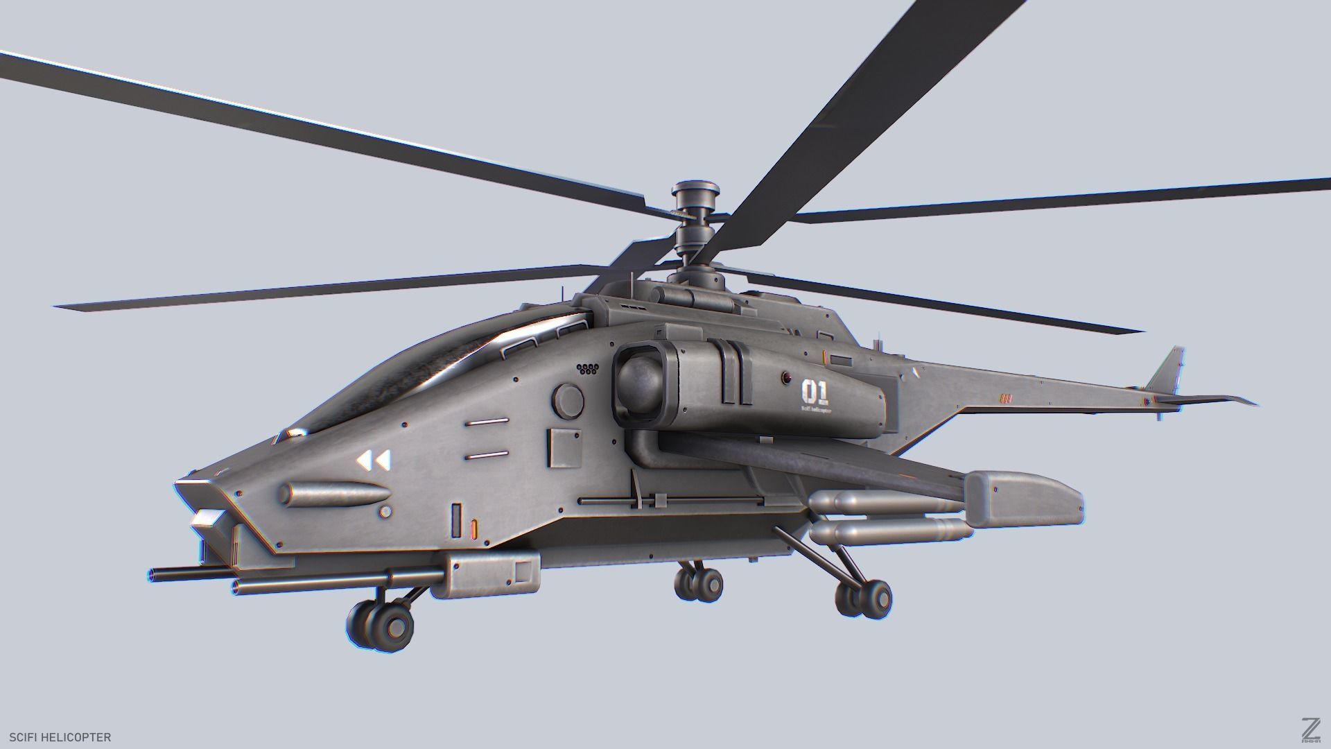 Scifi helicopter Low-poly 3D model_2