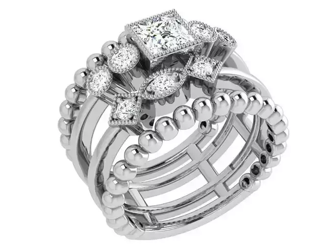 Unique Ring With Princess And Round Cut Diamonds 3807