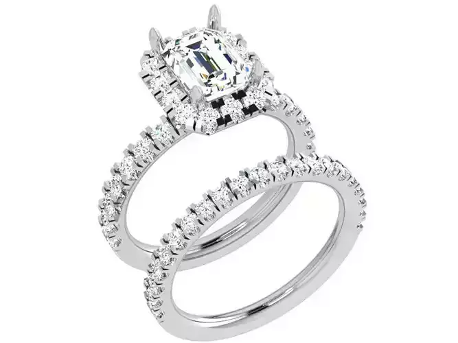 Emerald Cut Halo Ring With Wedding Band 3812