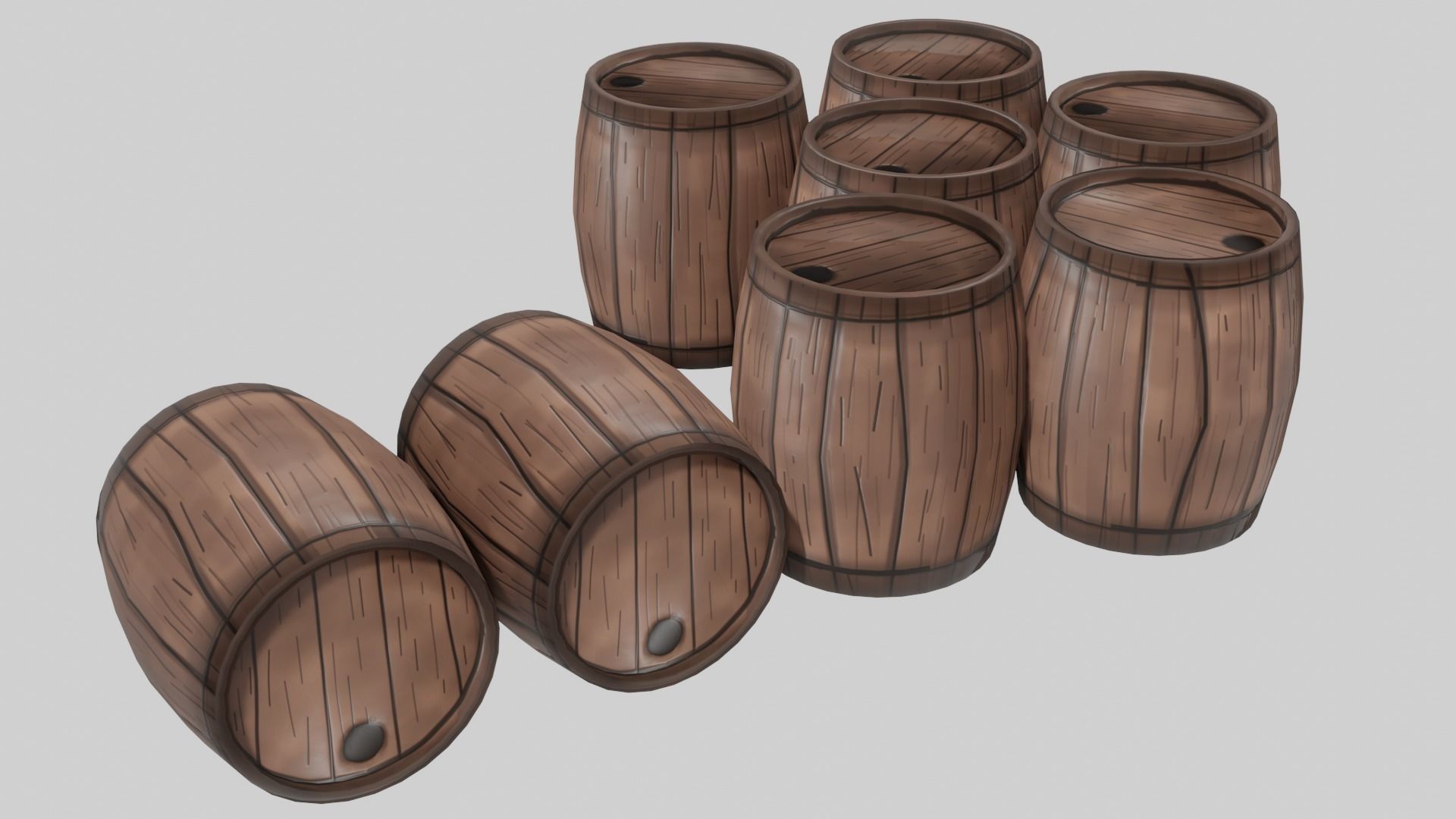 High and Low Poly Rustic Handcrafted Wooden Barrel Low-poly 3D model_3