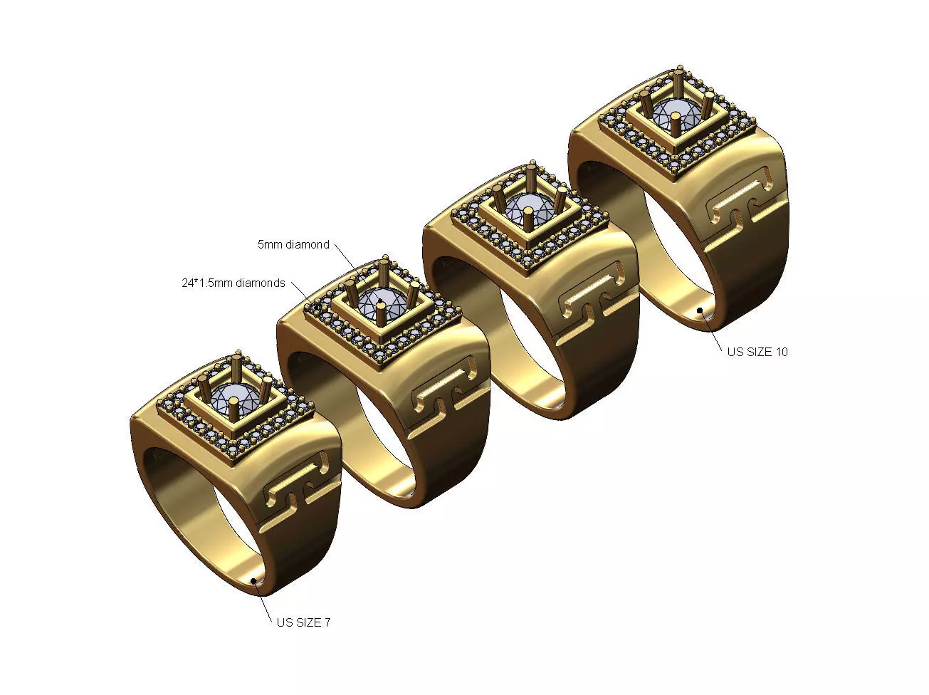 Diamond cluster greek key dome square ring US sizes 7to10 3D print model