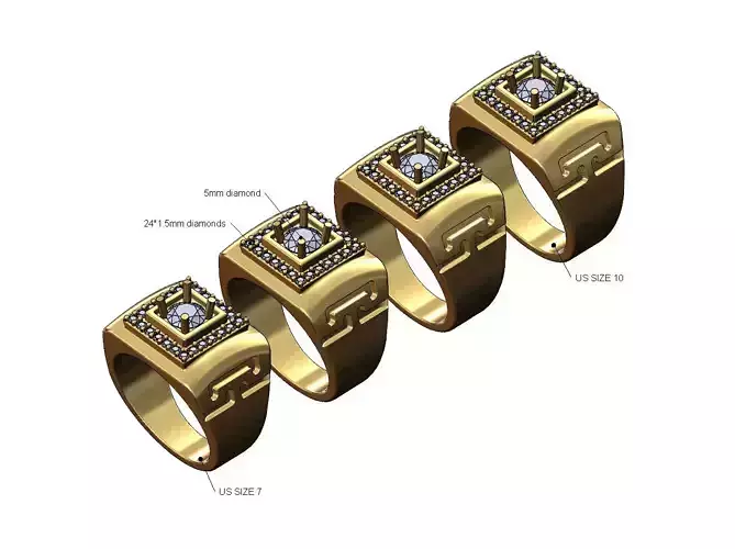 Diamond cluster greek key dome square ring US sizes 7to10