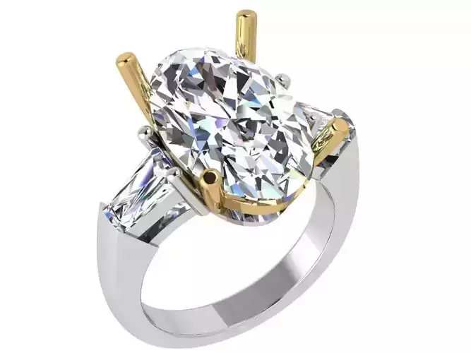 Three Stone Ring With Oval and Baguette Cut Diamonds 3965