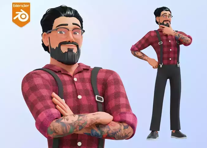 Hipster Man Cartoon Character Low-poly 3D model