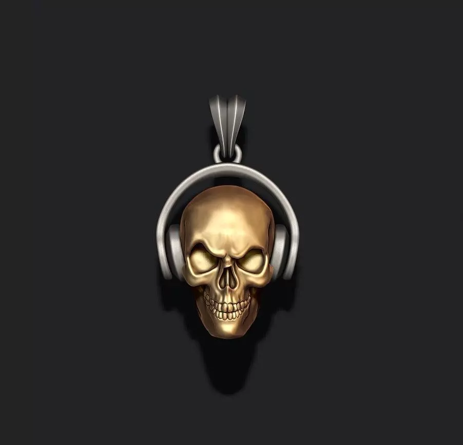 skull with headphones pendant 3D print model_0