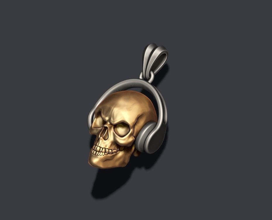 skull with headphones pendant 3D print model_2