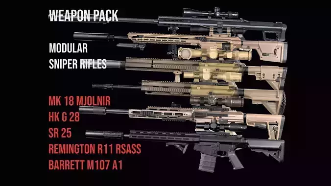 Tactical Modular Modern Sniper Rifles gun Weapon Pack 3D Model Collection
