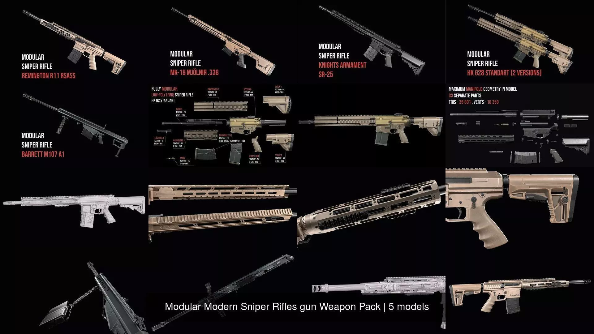 Modular Modern Sniper Rifles gun Weapon Pack 3D Model Collection_6