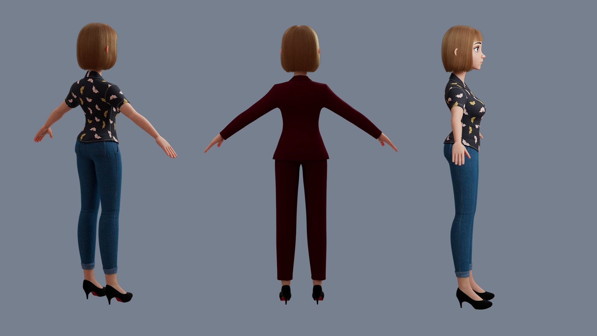 Cartoon woman Rigged 3D model_9