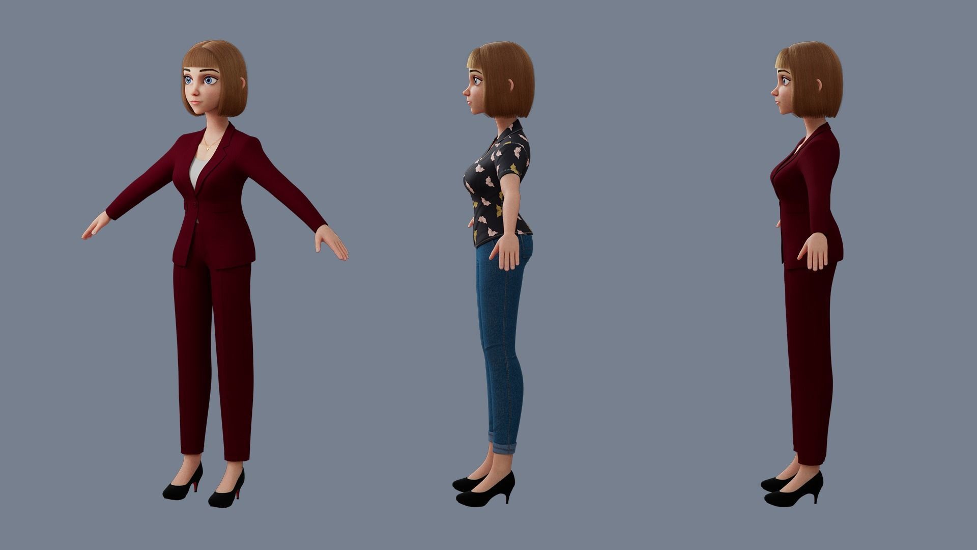 Cartoon woman Rigged 3D model_8
