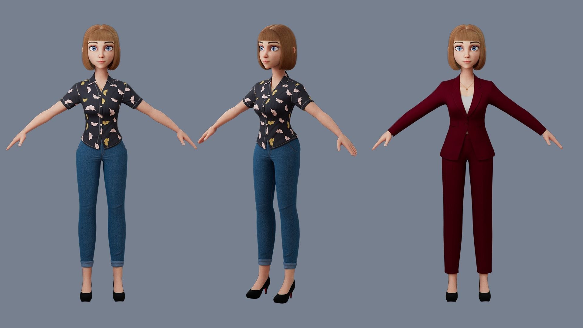 Cartoon woman Rigged 3D model_7